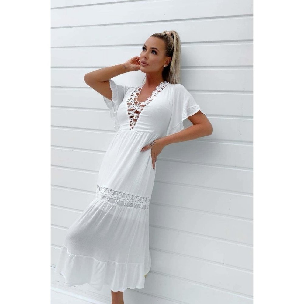 White Crochet Trim Short Sleeve V-Neck Midi Dress - Picture 5 of 8